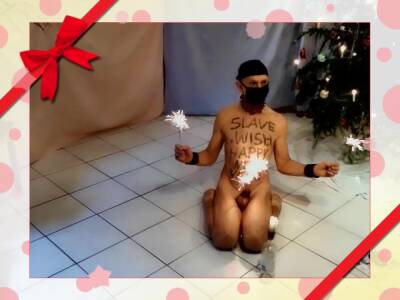 naked slave exposed sparkler in urethra HAPPY NEW YEAR body writing BDSM CBT - boyfriendtv.com